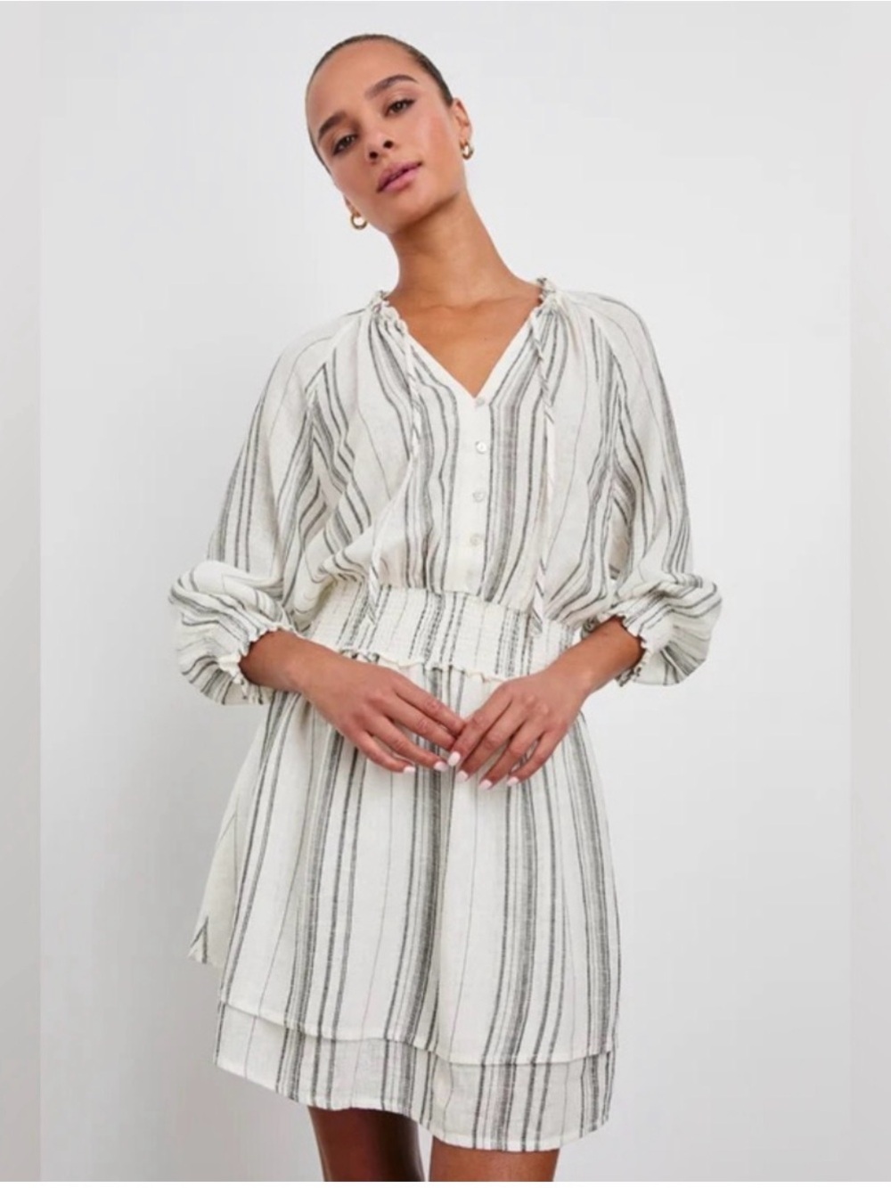 Rails Crystal Stripe Smocked Waist Linen Blend Blouson Dress XL